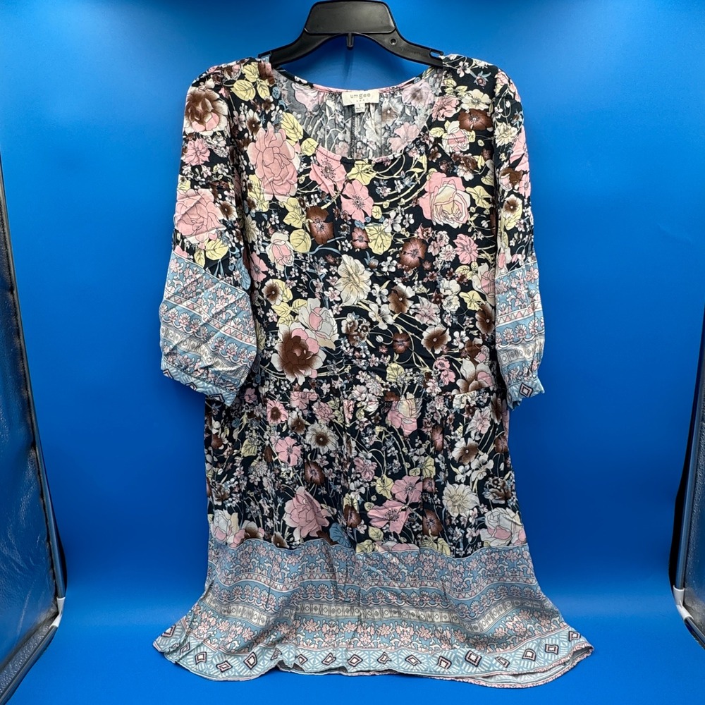 Umgee Floral Boutique Babydoll Mini Dress Large‎ Pink Blue Boho 3/4 Sleeve Rayon
